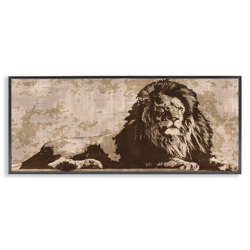 «Rustic Impression Lion», estampe numérique par Andrew Cooper, H 13 po x l 30 po, Giclée encadrée noir minuit
