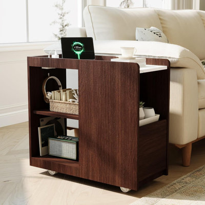 Mobile Sideboard with Charging Station – White Oak Bedside Table Cabinet, Drawer & 3-Level Shelf, USB/Type-C, Lockable Wheels for Dining Room, Bedroom
