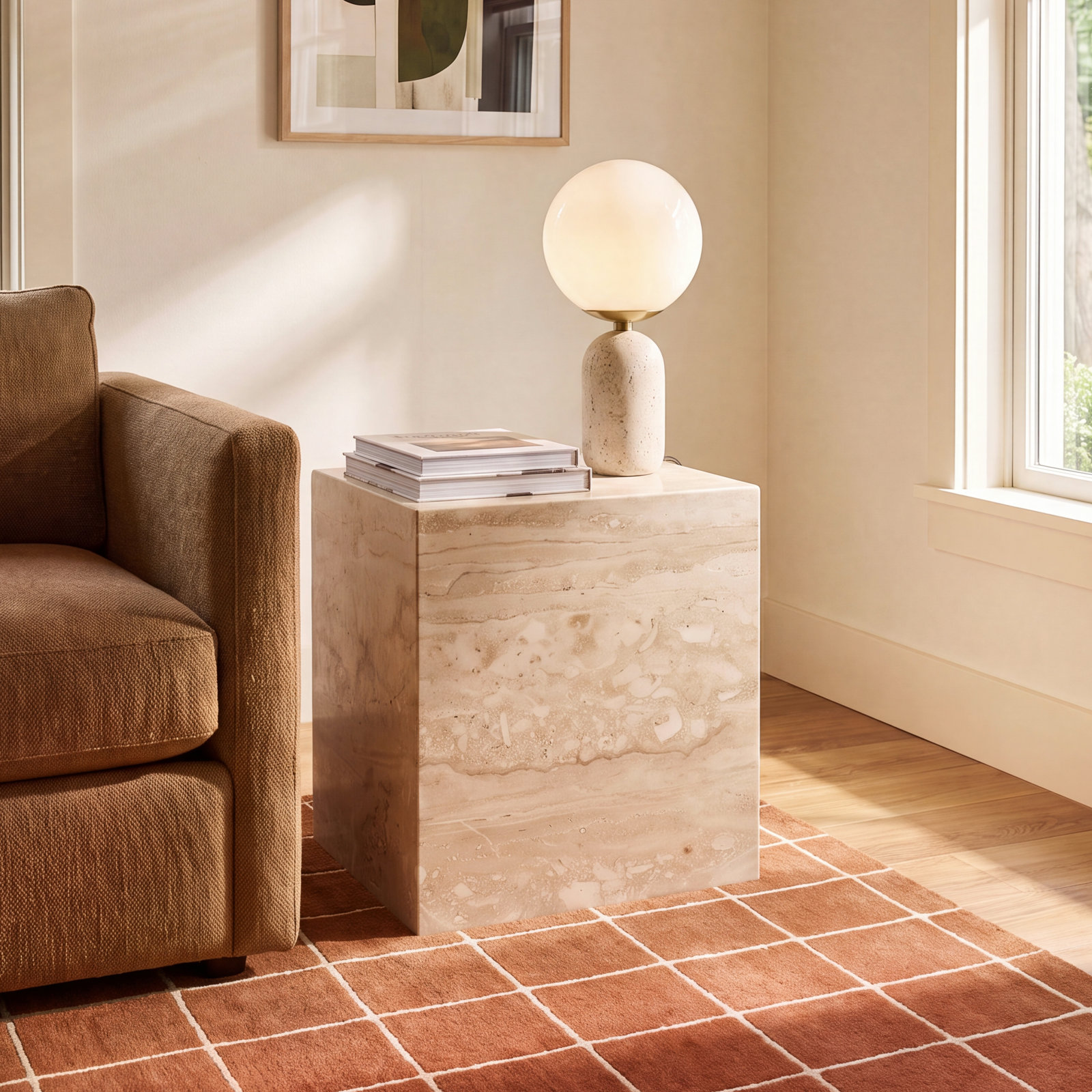 Enez 14" Genuine Marble End Table, Beige