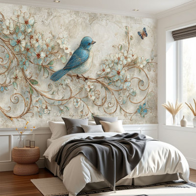 Papier peint auto-adhésif Fleurs, oiseaux, papillons floraux, impressions rétro, peintures murales oiseaux bleus, H 69 po x l 96 po, papier peint amovible en PVC, adhésif mural pour chambre à coucher, bureau à domicile