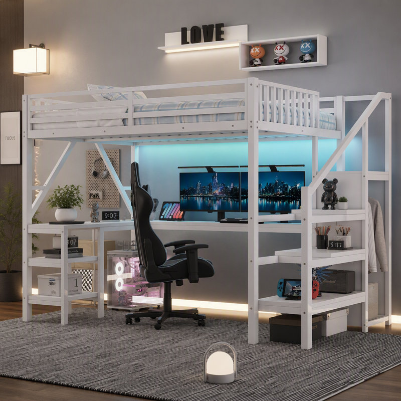 Lit mezzanine en métal avec armoire, bureau en L, port USB et éclairage DEL, Blanc