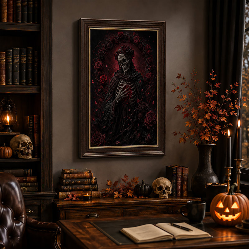 «Black Robed Skeleton tenant une rose rouge», H 24 po x l 16 po
