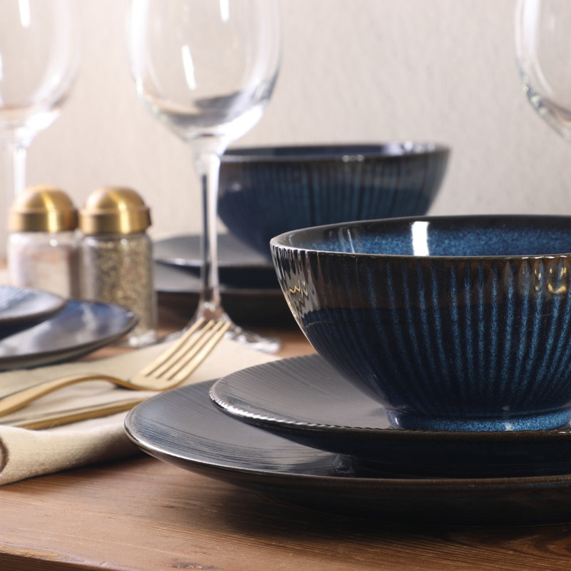 Ensembles d'assiettes et de bols Gibson Elite Midnight Luna, ensembles de vaisselle en grès 12 pièces, ensemble de plats en glacis réactif - bleu