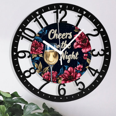 Metal Wall Clock for Living Room -10" Cheers To The Night Wine Glass Flowers Silent Non Ticking,Battery Operated, Antique Clocks for Farmhouse,Bedroom,Kitchen - Arabic Numerals