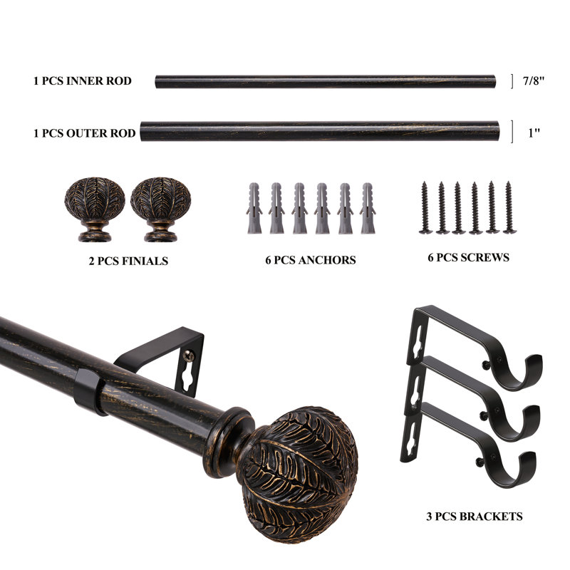 Jacarion Adjustable Overall Width x 1'' Diameter Single Curtain Rod, Antique Black, 48" - 86"