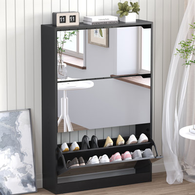 Armoire à chaussures pliante en miroir à trois volets avec tablettes réglables, rangement en bois pour hall d'entrée