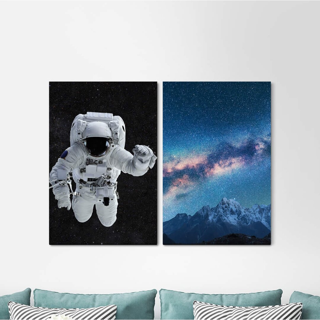 2-tlg. Leinwandbilder-Set - Fotografie „Astronaut Space Milky Way Stars Mountains”