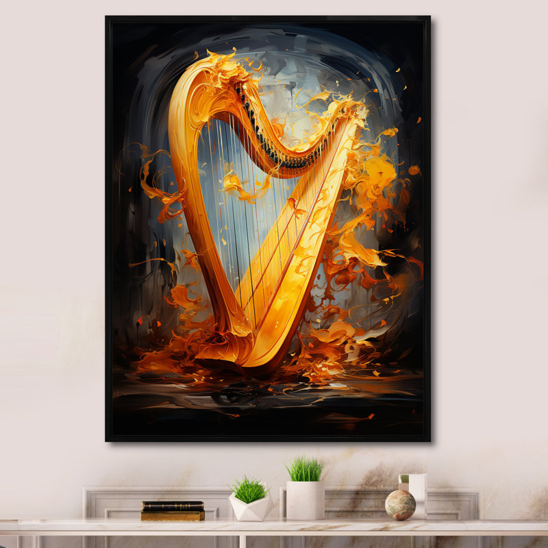Majestic Golden Yellow Harmonic Harp sur toile, Cadre flottant noir, H 44 po x l 34 po x P 1,5 po