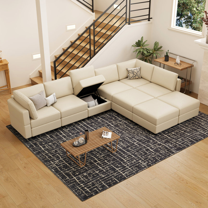 Wylodene 9-Piece Reversible Modular and Standard Velvet Sectional with Storage , Beige Faux Leather