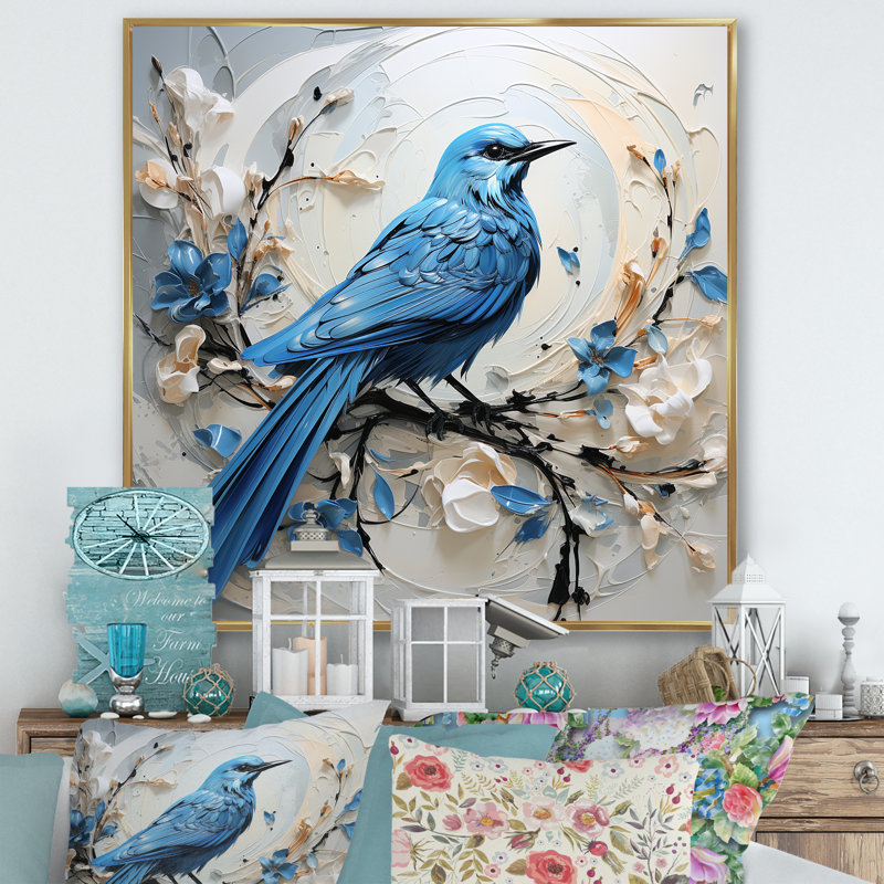 Oiseau bleu minimalisme blanc et fleurs bleues, reproduction sur toile, H 16 po x l 16 po x P 1 po, Or