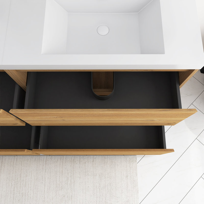 Meuble-lavabo double autoportant 72 po avec plateau en résine intégré 72 po, Chêne naturel