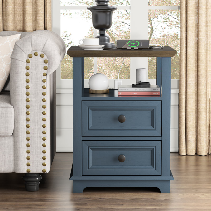 Bijal 2 - Drawer End Table and Built-In Outlets, Brown/Blue