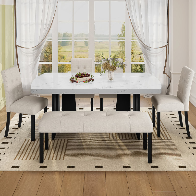 Ensemble de table de salle à manger 6 pièces, table de salle à manger avec 4 chaises rembourrées et 1 banc, Beige, Blanc