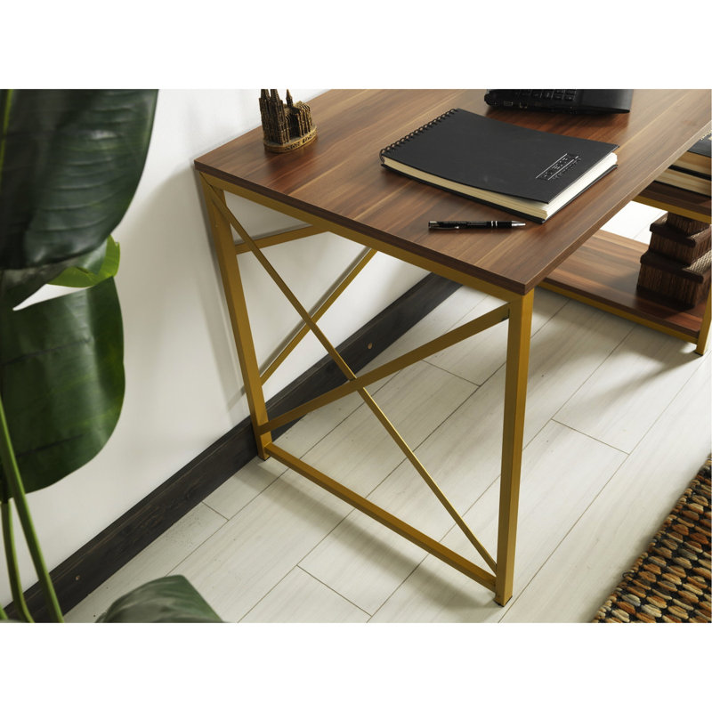 Bureau à 2 tablettes avec structure en bois massif et structure en métal doré, 47 po x 25 po 28 po, blanc pour dessus et tablettes de bureau personnel, blanc, ornement