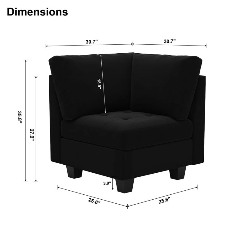 Shavera Velvet Armless Chair, Corner Seat Module For Modular Sectional Corner Sofa, Black Velvet