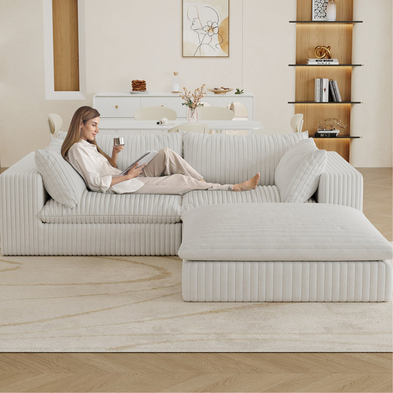 Nuage à 3 places de 39,8 po en velours côtelé blanc, coussins amovibles, convient à plusieurs pièces, compression à haute densité, confort rembourré de plumes, canapé de soutien en éponge double avec conception à double couche, siège,