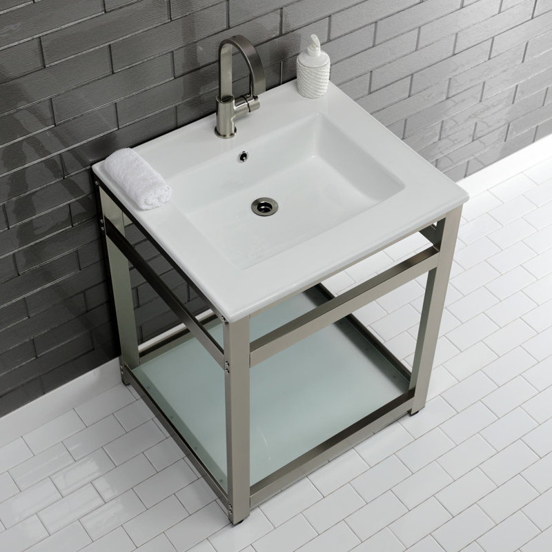 Quadras Ceramic Rectangular Console Bathroom Sink with Overflow, White/Brushed Nickel, Single