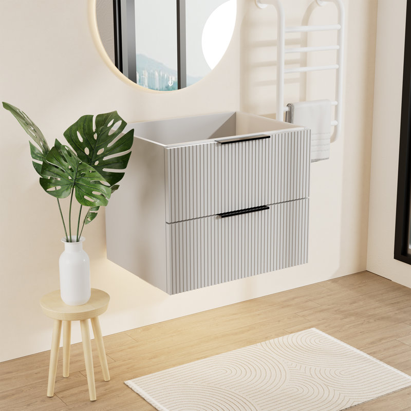 Meuble-lavabo suspendu Halrik à panneaux cannelés avec tiroirs compartimentés à fermeture en douceur, Gris, 24"