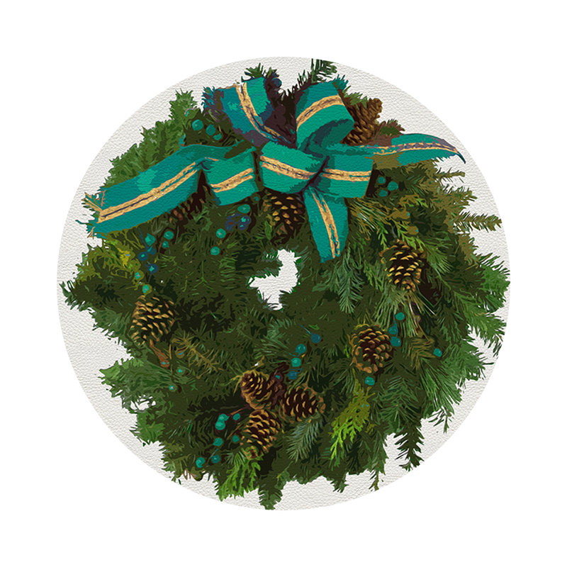 Christmas Wreath Vegan Leather Round Pebble Placemat, White Verdigris