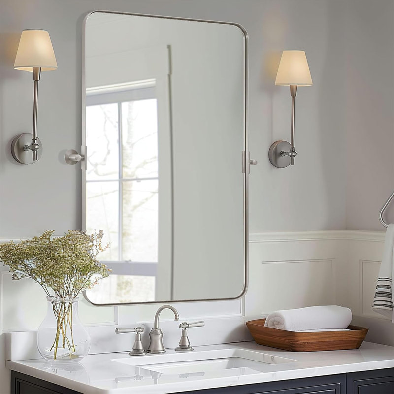 Miroir de salle de bain mural moderne inclinable | Cadre pivotant en acier inoxydable, 36 po x 24 po, Nickel brossé
