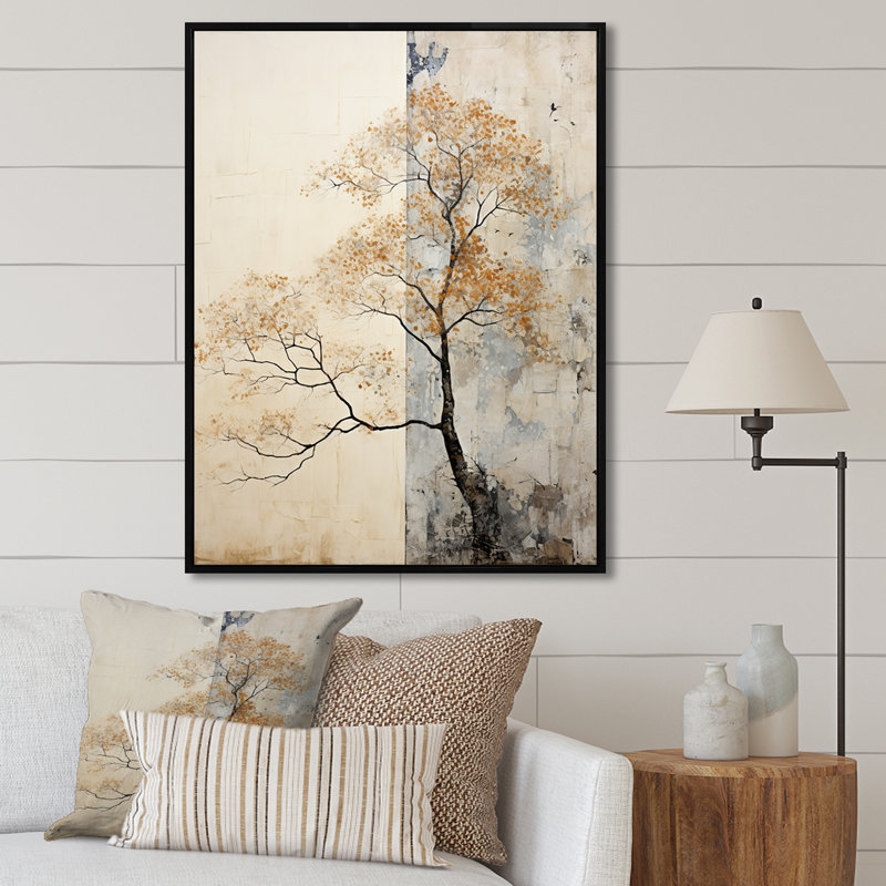 " Beige Tree Pine Tranquility II ", Black Floater Framed, 40" H x 30" W