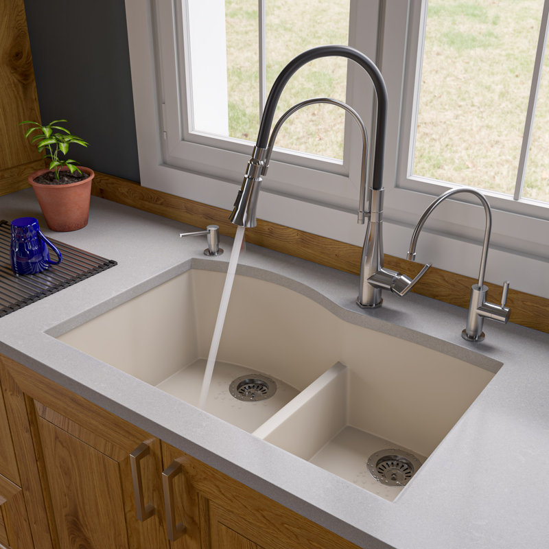 33'' L Double Bowl Granite Kitchen Sink, Biscuit