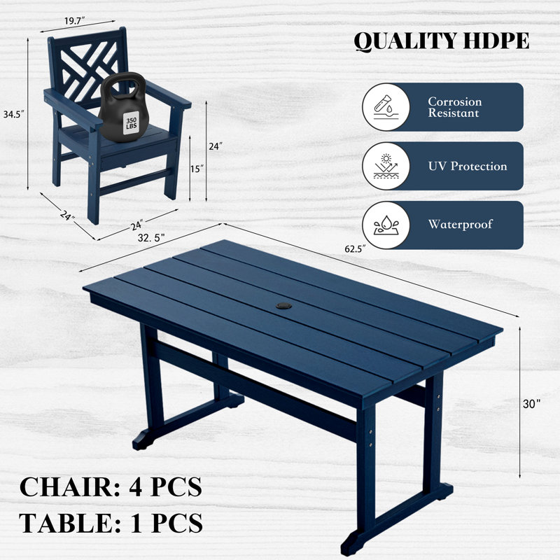 L'ensemble de table de salle à manger Hdpe pour table et chaises d'extérieur 4,5 pièces comprend 4 chaises et une table de patio de 62,5 po avec trou pour parasol (bleu)