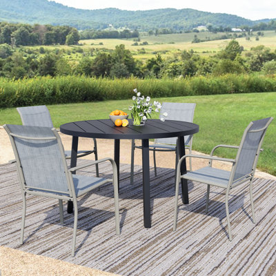 5-Piece Outdoor Dining Set, Round Metal Table With 4 Chairs, Black Patio Table With Umbrella Hole For Garden, Yard, Patio