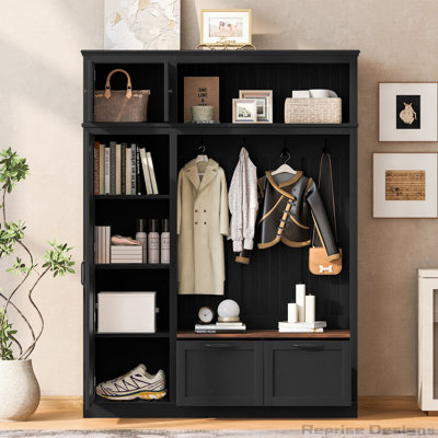 3-in-1 Hall Tree with Overhead Storage Cabinet, 3 Adjustable Side Shelves, 4 Heavy-Duty Hooks, 2 Spacious Drawers, Grooved Back Panel Design, Contrasting Seat Bench, Multifunctional Entryway Organizer