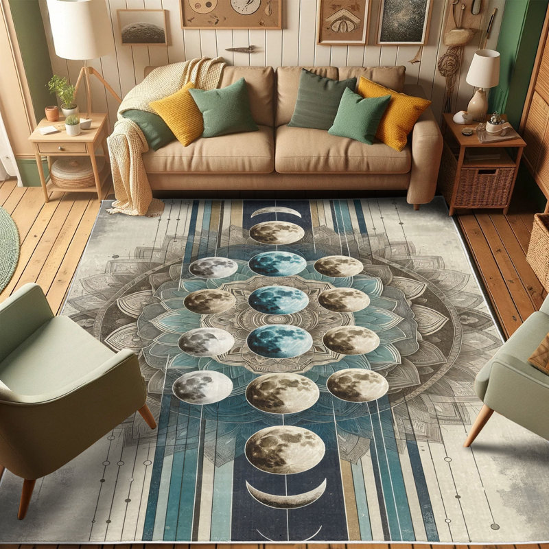 Cadet Blue and Eggshell Oriental Synthetic Area Rug, 5'2" x 7'6"