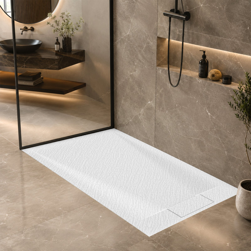 59 po. X 32 po. Base de douche blanche sans barrière avec drain réversible, antidérapante et conforme ADA, Blanc uni