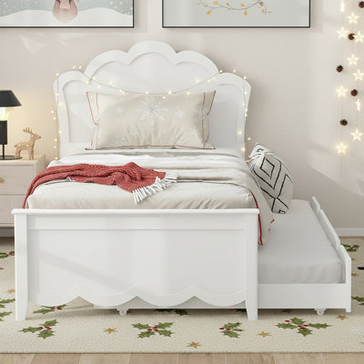 Modern Farmhouse Wood Platform Bed With Trundle, Twin/Full Size, Scalloped Headboard,Solid Wood + Mdf Frame, White Finish, Space-Saving For Small Bedroom