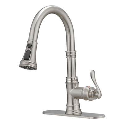 Pull‑Down High‑Arc Single‑Handle Kitchen Sink Faucet with 3‑Function Spray Head and 10‑Inch Deck Plate, Modern Kitchen Faucet,Brushed Nickel