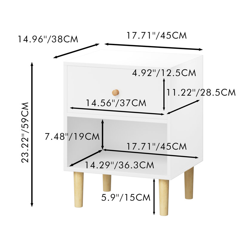Table de chevet en bois 23,22 po avec tiroir et tablette, finition blanche