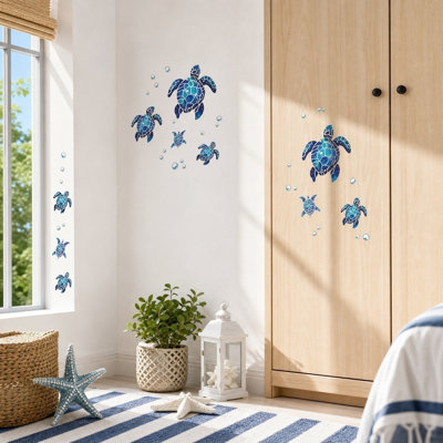 Summer Blue Watercolor Sea Turtle Wall Decals Oceanstick Waterproof Decor For Kids Bedroom Bathroom Nursery Living Room Wall Art