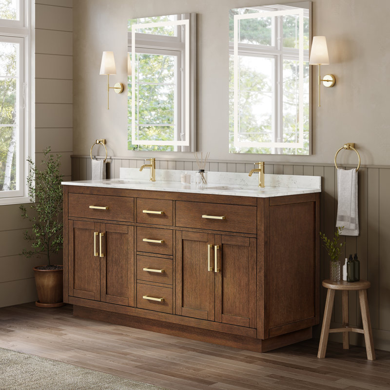 Meuble-lavabo double Beckett, Chêne foncé, Or brossé, Marbre de culture de Carrare