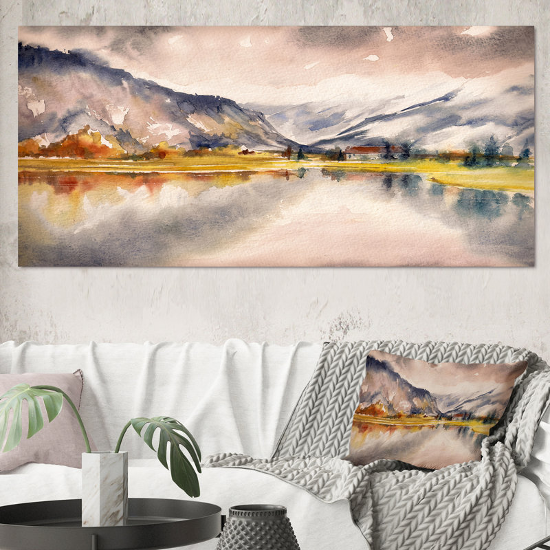 Paysage d'automne avec le ciel reflété sur le lac - Peinture sur toile, H 28 po x l 60 po, Toile tendue