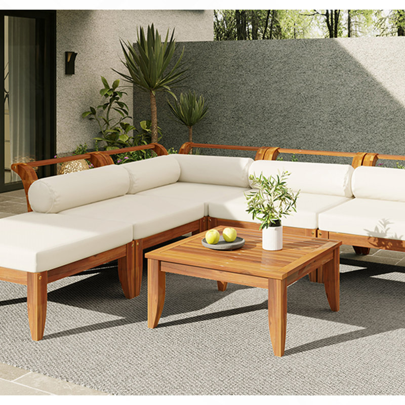 Ensemble de canapé de patio 6 pièces, ensemble de conversation modulaire d'extérieur en bois d'acacia, ensemble de conversation en forme de L, lit de jour convertible avec table à thé, repose-pieds, 5 coussins et coussins, teck et beige