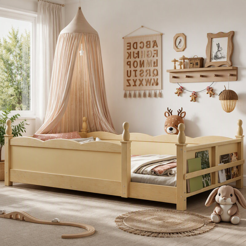 Lit sur pied avec garde-corps et tablette de livre, Lit simple, Naturel