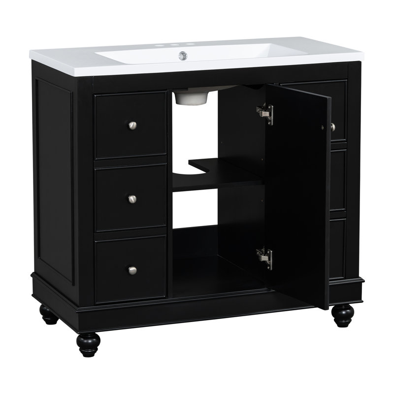 Meuble-lavabo contemporain de 36 po, 4 tiroirs et 1 porte, lavabo en résine, tablettes réglables, bois massif, meuble-lavabo et accessoires
