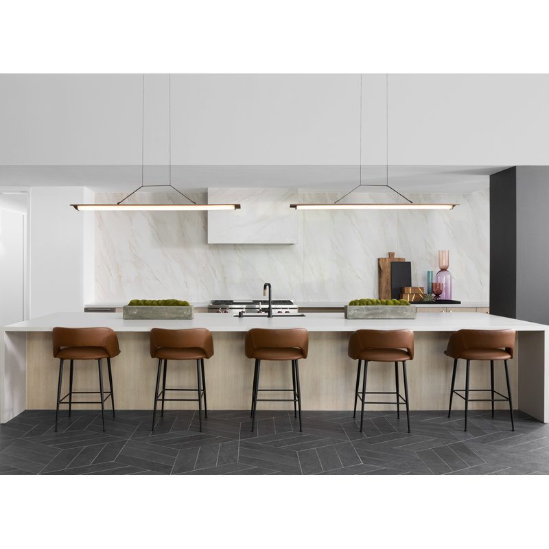 Penna Linear LED Pendant, 7.7" H x 64.5" W x 2.3" D, 2700K Warm White Bulb Temp, 277V, Brass/ Dark Walnut