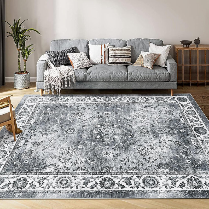 5x7 Ft Vintage Floral Print Rug, Non-Slip, Washable, Stain-Resistant, Low Pile Carpet for Living Room/Bedroom/Kitchen (Gray)