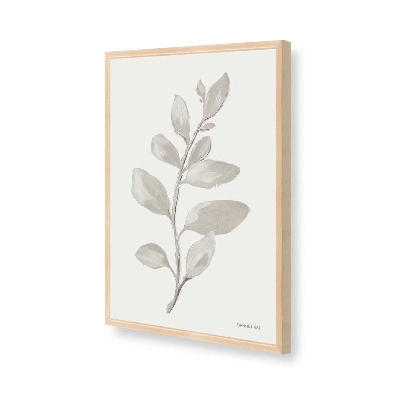 Élégantes feuilles grises I print, Cadre en érable brut ouvert, H 11 po x l 9 po