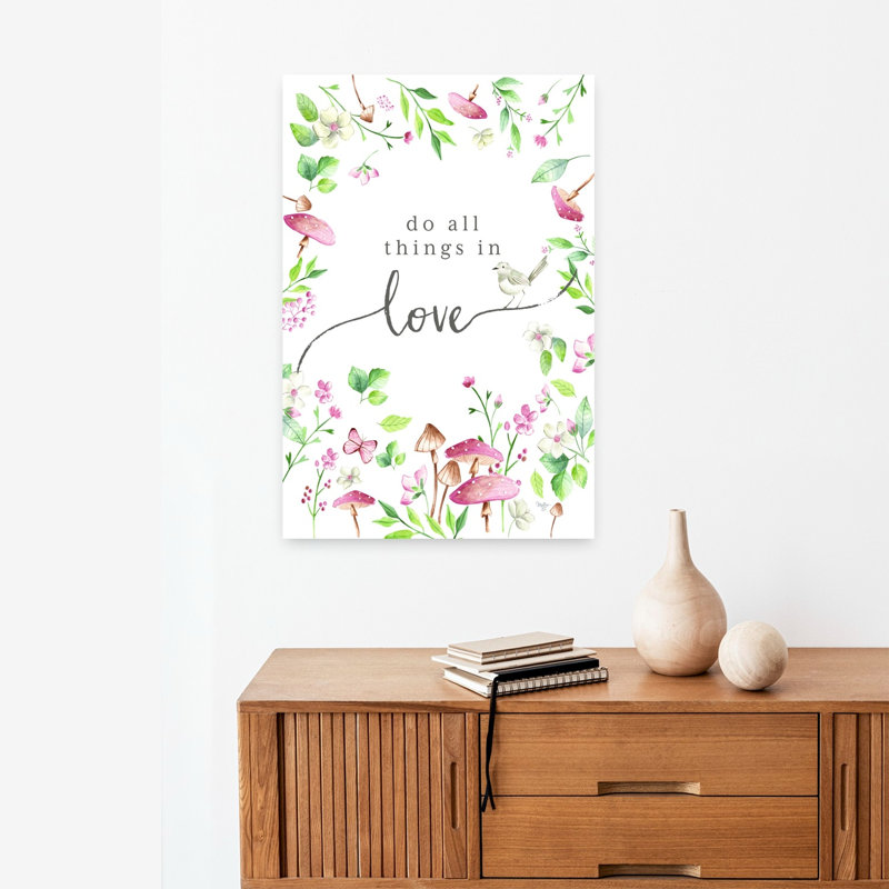 Do All Things In Love, oiseau contemporain, art printanier, H 24 po x l 16 po