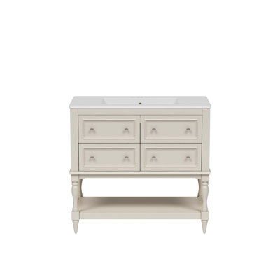 Ensemble de meuble-lavabo 36 po avec ensemble de meuble-lavabo, lavabo en céramique encastré, ensemble de meuble-lavabo autoportant avec 4 tiroirs, armoire de salle de bain avec cadre en bois massif