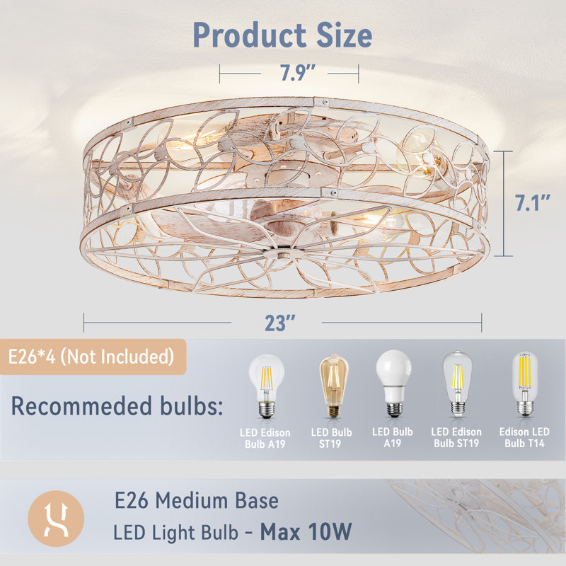 Cissline 23" White & Gold Flush Mount Farmhouse Caged Ceiling Fan with Light Kit and Remote Control for Bedroom/Living Room/Kitchen/Dinning Room