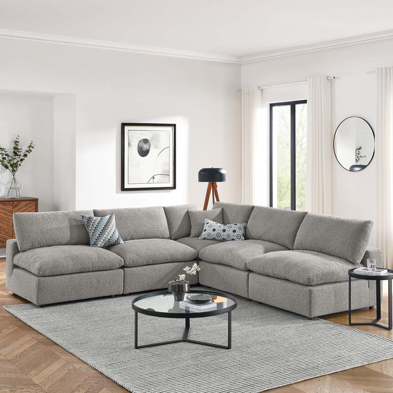 Modway Commix Down Filled Overstuffed Boucle Fabric 5-Piece Sectional Sofa, Light Gray