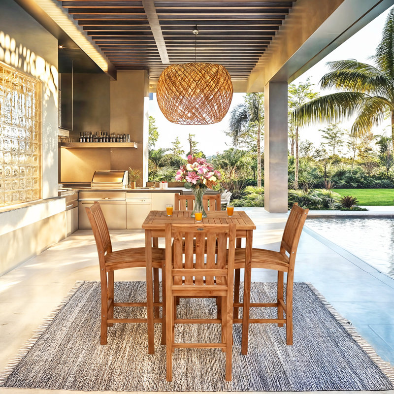 Teak Wood Bar Set Including Square Bistro Bar Table And Abacho Barstools, 43" H x 35" L x 35" W, 4