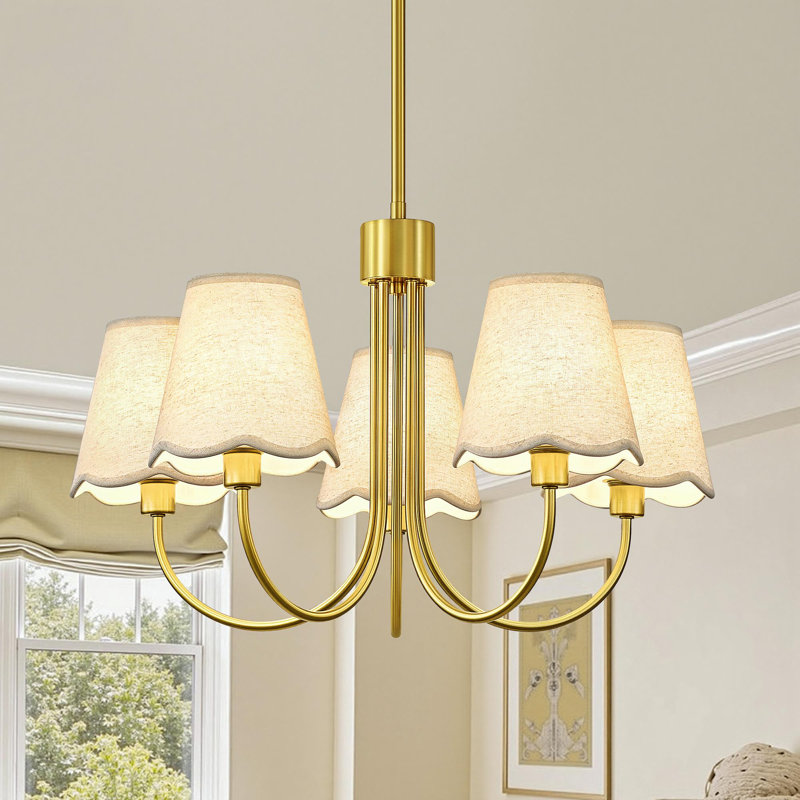 Lustre de salle à manger moderne à 5 lumières, à intensité variable, avec abat-jour en lin et hauteur réglable., Or brossé