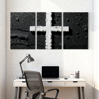 Abstrait croix blanche sur fond noir texturé, ensemble de 3 impressions sur toile